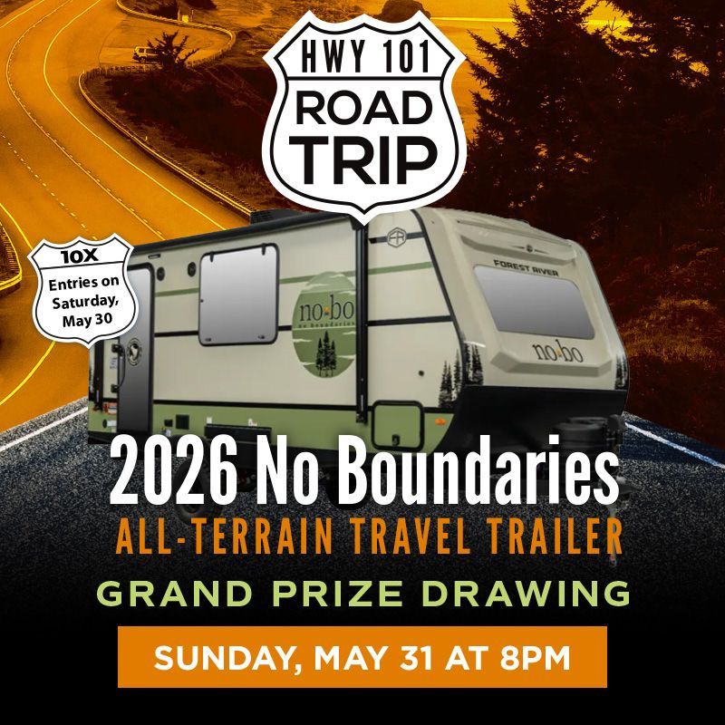 ROAD TRIP
FRIDAY & SATURDAY
Win a 2026 No Boundaries All-Terrain Travel Trailer on Sunday, May 31 at 8pm. Get 10x the entries on Saturday, May 30.
Win $100 free play and 100 bonus entries on Fridays and Saturdays. Hot seats every 20 minutes from 6pm to 9pm.
Earn entries daily starting May 1. One entry for every 150 points earned.