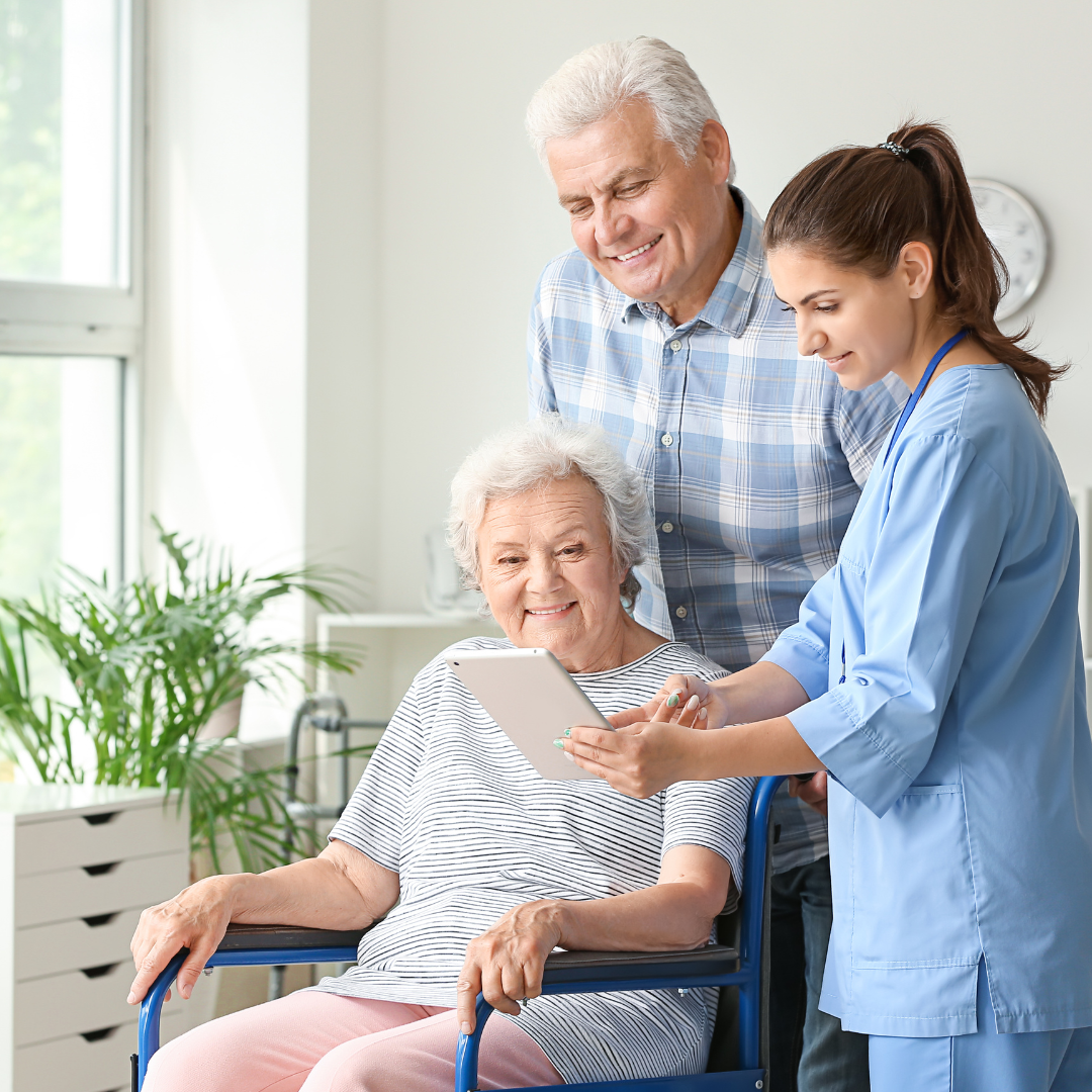 old woman with husband and nurse