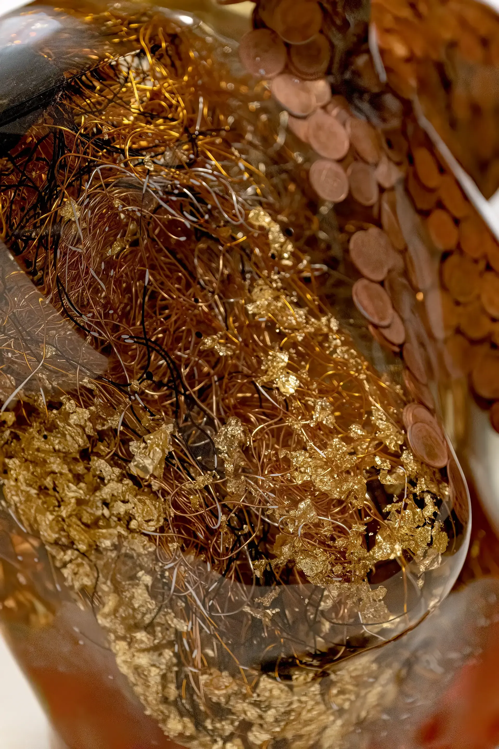 Dettaglio della scultura torso di donna in resina, fili di alluminio, foglia d'oro e monete color rame. Opera unica di Guerino Rusconi.