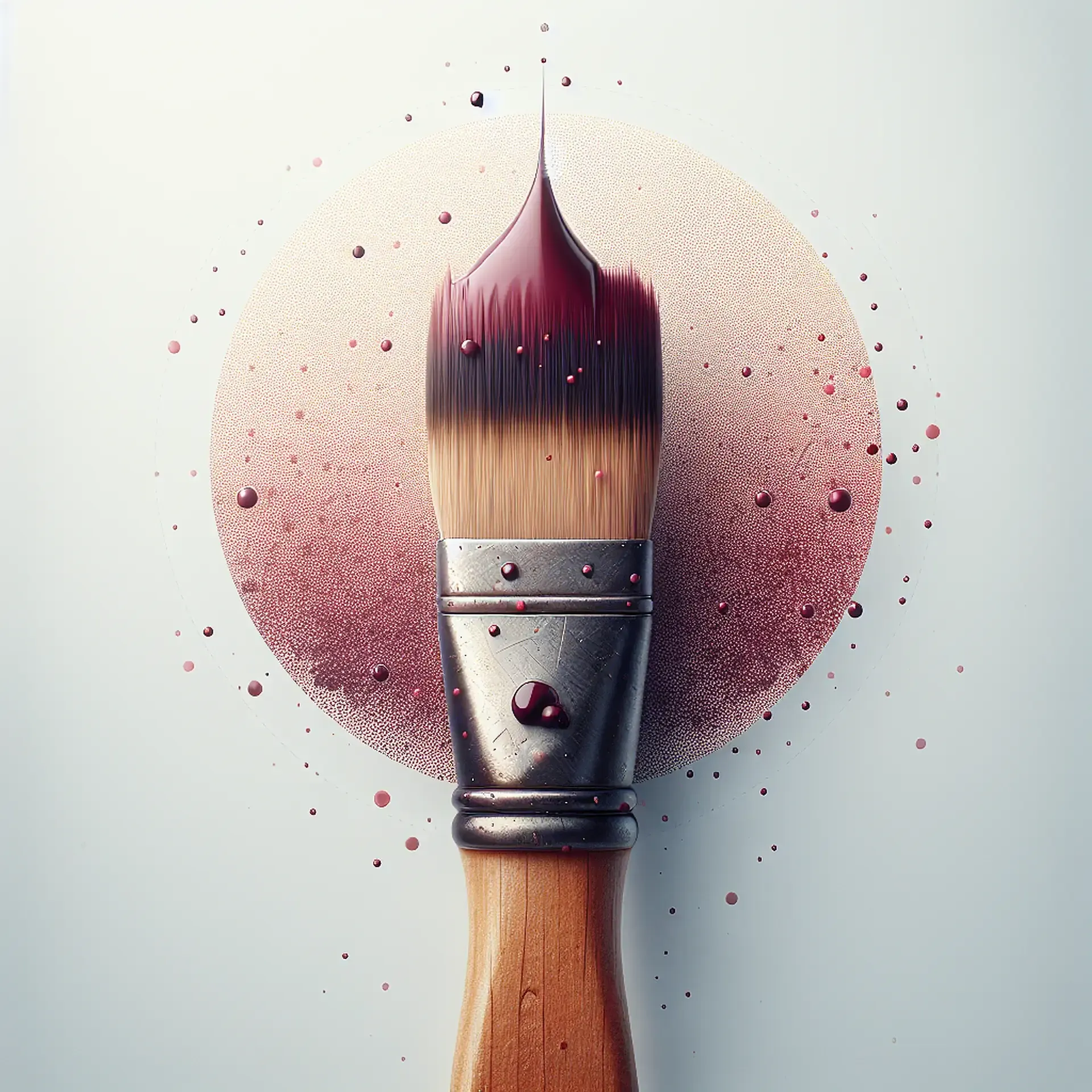 Pennello con punta imbevuta di tinteggiatura bordeaux-burgundy, sfondo grigio chiaro.