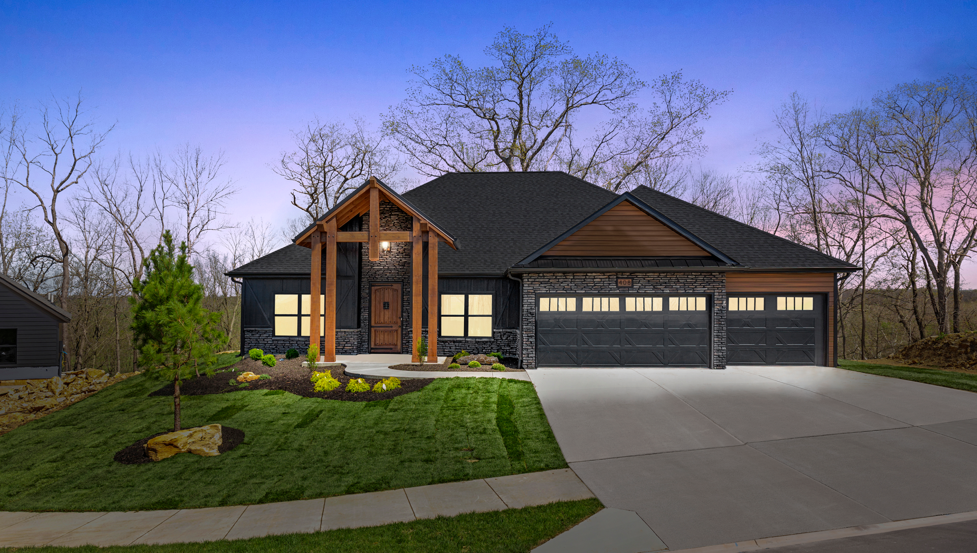 Night view of Custom Home by Timberwood Homes