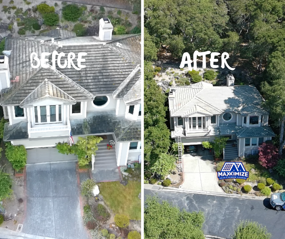 Side-by-side view of a house roof before and after replacement. 