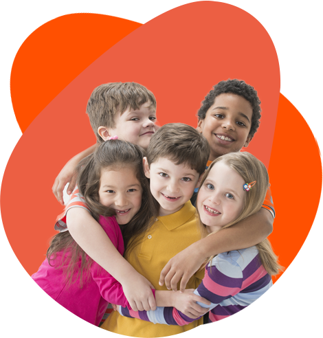 A group of children are hugging each other on a red background.