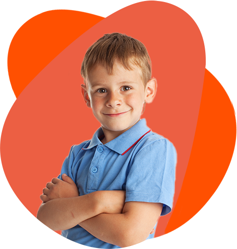 Young boy in blue shirt with arms crossed, smiling, orange background. Young boy in blue shirt with arms crossed, smiling, orange background.