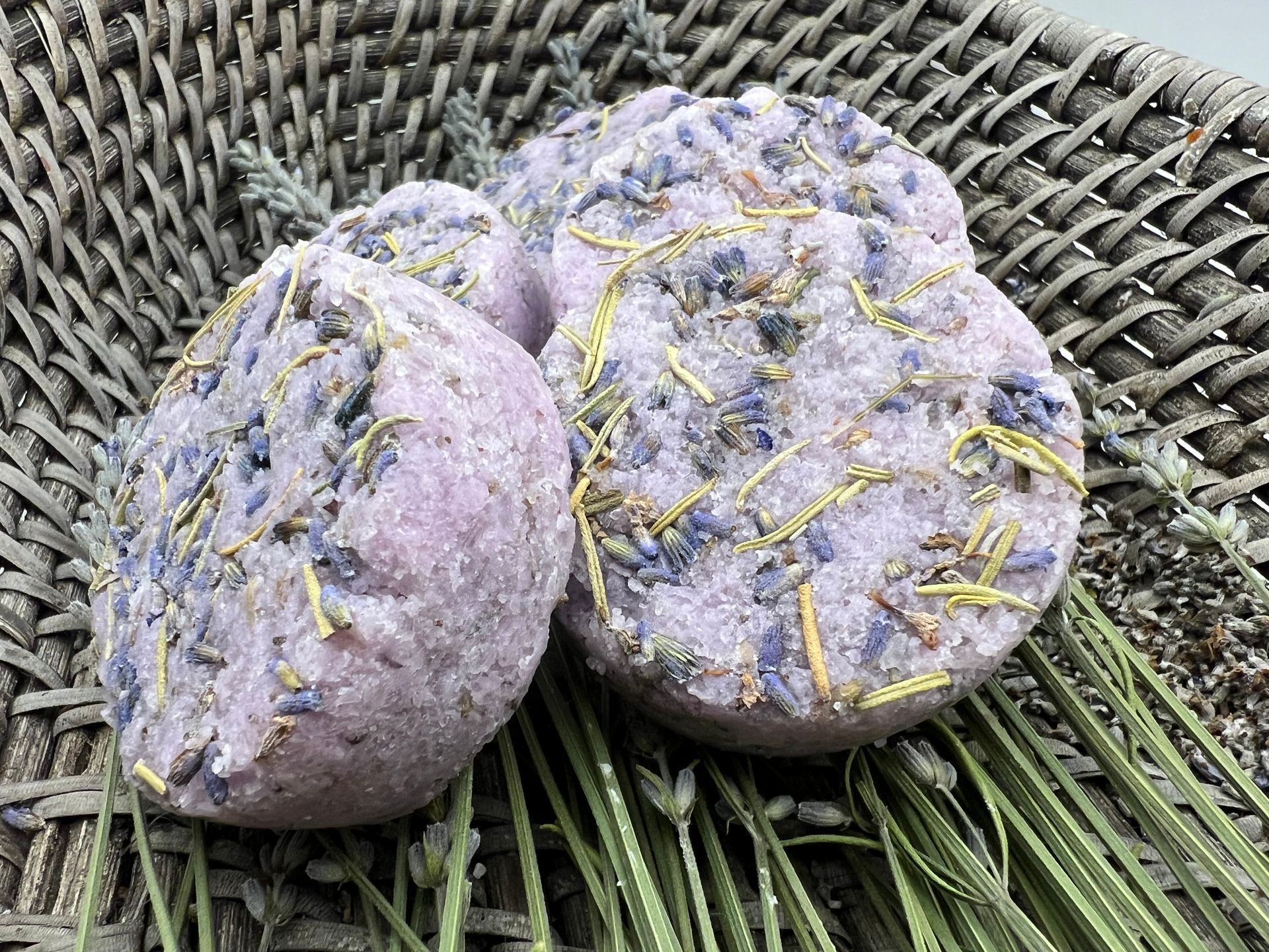 Exfoliating Salt Scrub Puck, lavender, rosemary, coconut oil, & shea butter