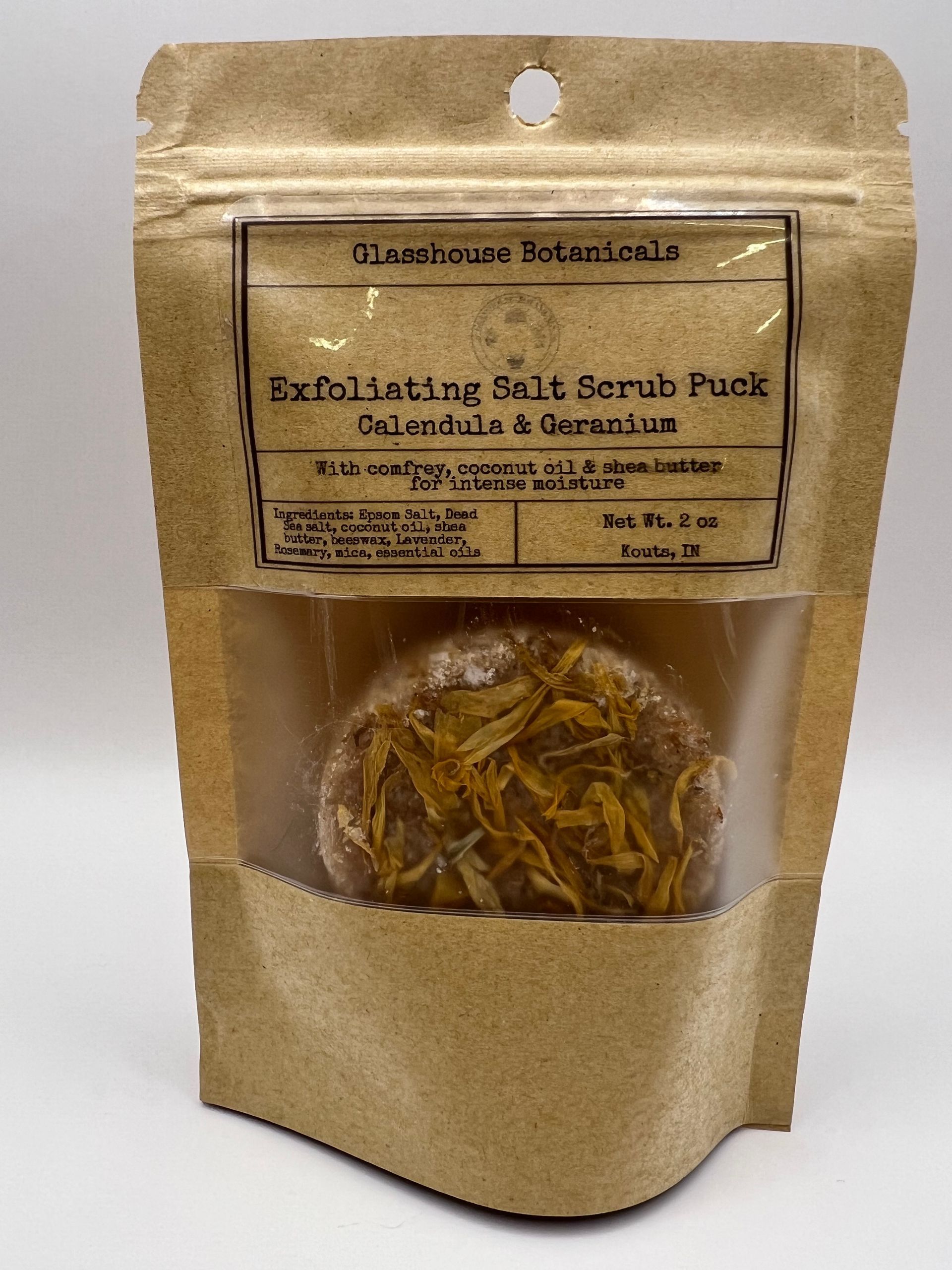 Exfoliating Salt Scrub Puck, calendula, coconut oil, & shea butter
