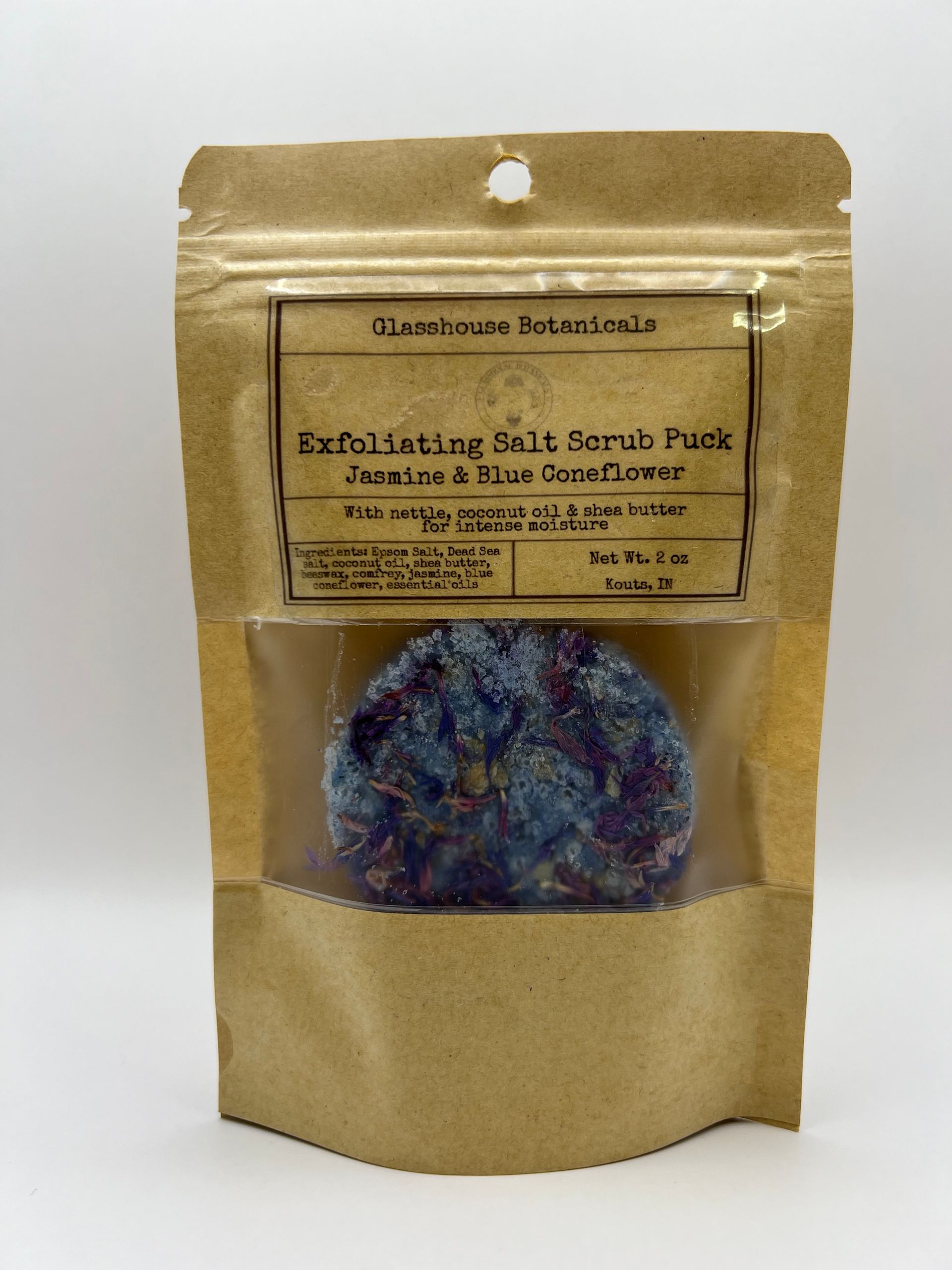 Exfoliating Salt Scrub Puck, jasmine, blue coneflower, coconut oil, & shea butter
