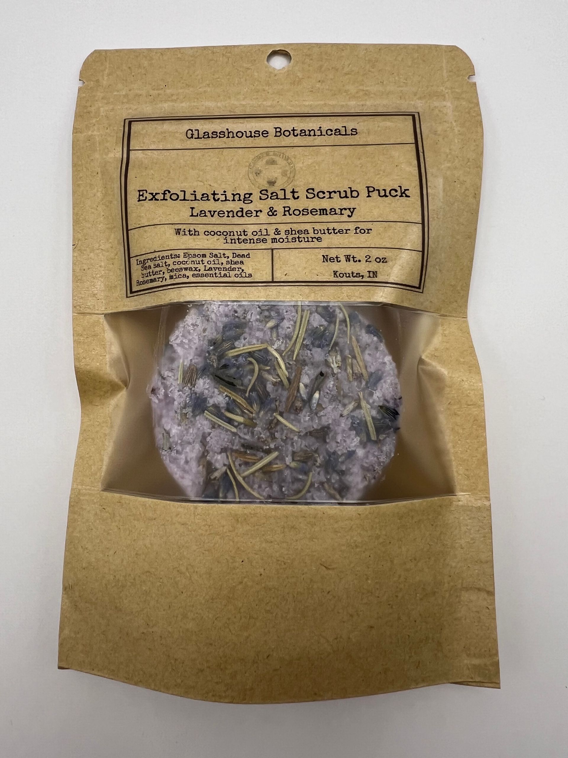Exfoliating Salt Scrub Puck, lavender, rosemary, coconut oil, & shea butter