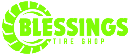 A green and white logo for blessings tire shop.