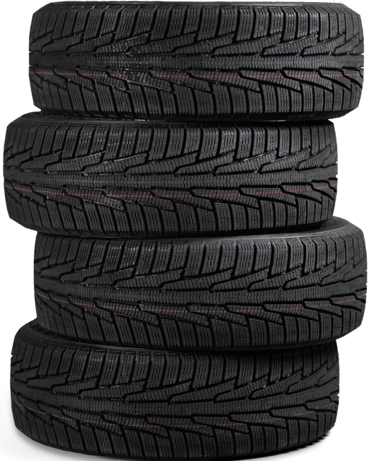 Four black tires are stacked on top of each other on a white background.