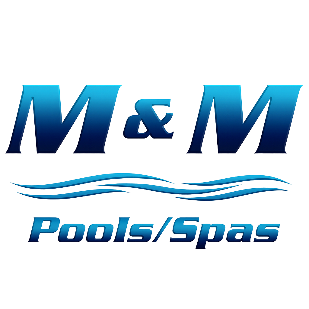 Logo for M & M Pools/Spas with blue text, stylized waves, and an ampersand.