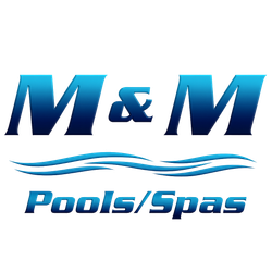 Logo for M & M Pools/Spas with blue text, stylized waves, and an ampersand.