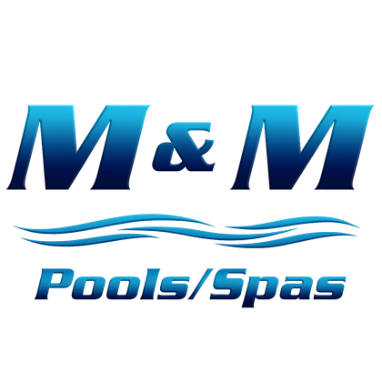 Logo for M & M Pools/Spas: Blue text, wavy lines, and ampersand.