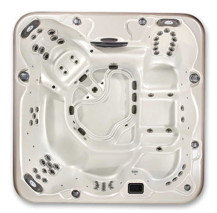 Top-down view of a beige hot tub with multiple seats, jets, and control panel.