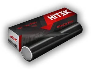 Black roll of HITEK window film next to a box with the logo and product information.