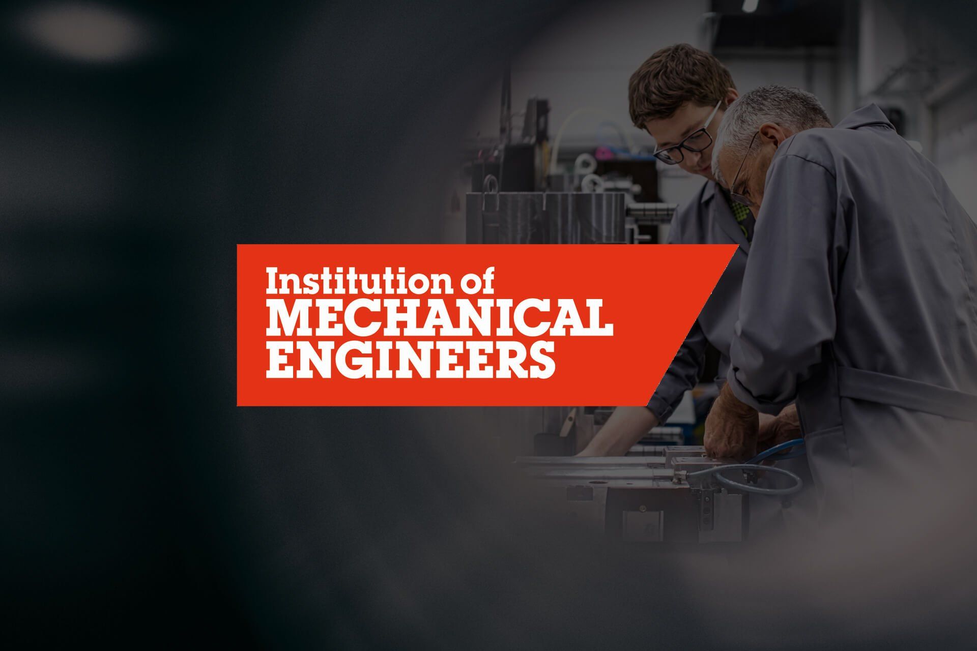 a poster for the institution of mechanical engineers with two men working on a machine .