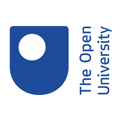 the logo for the open university is a blue shield with a white circle in the middle .