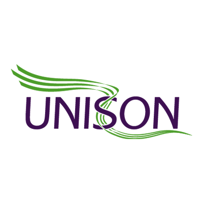 a purple and green logo for a company called unison .