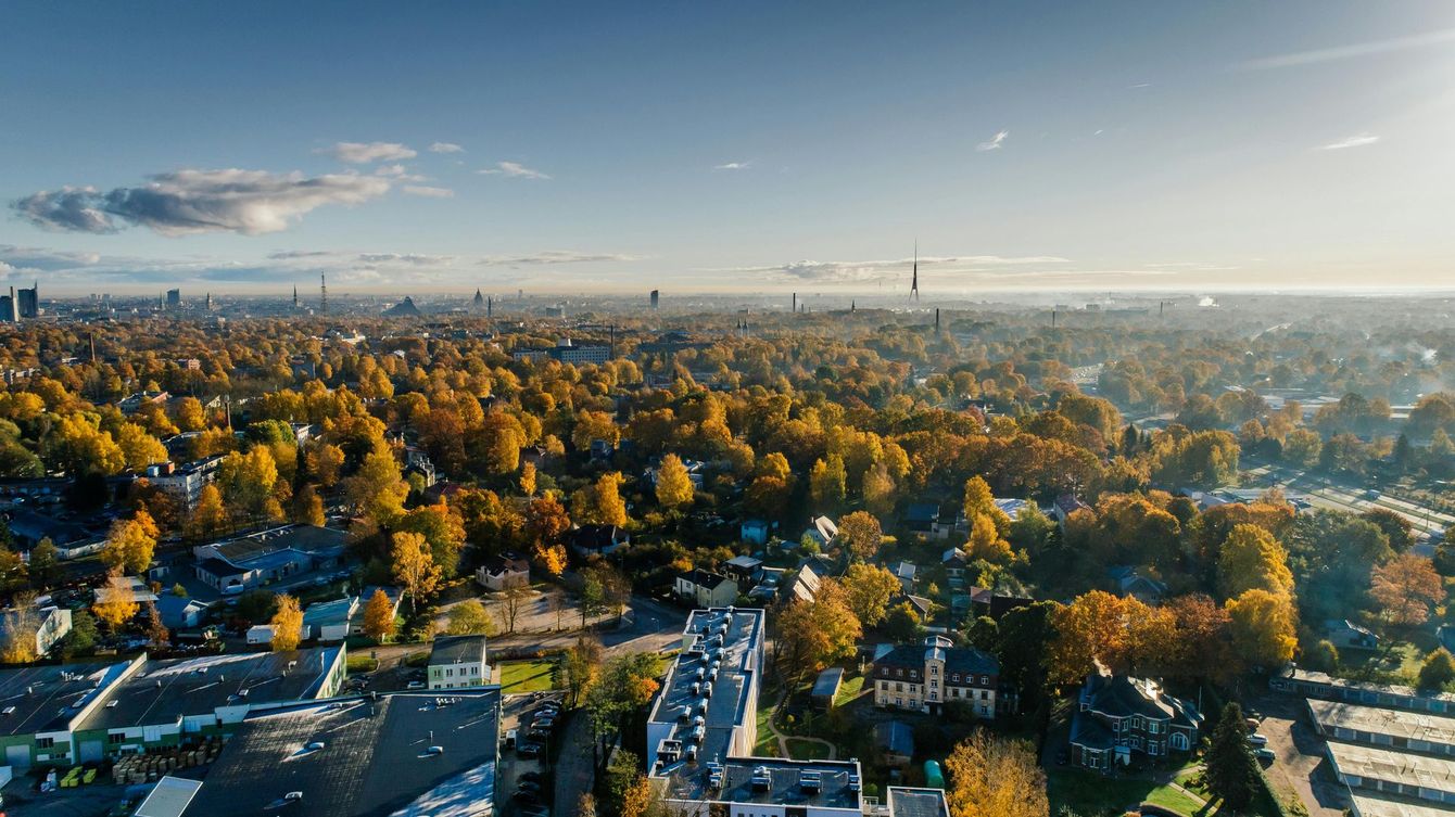 Aerial view of a city at sunrise with golden autumn trees and distant skyline under a clear sky