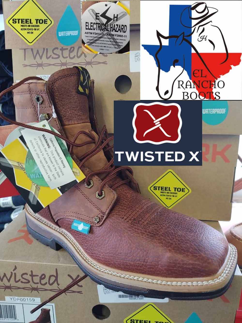 Brown leather Twisted X boot with tags, shown against Twisted X shoe boxes and logos.