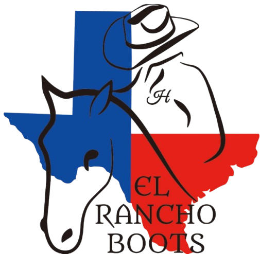 Logo with cowboy hat, horse outline, and text “El Rancho Boots” over blue and red Texas flag colors