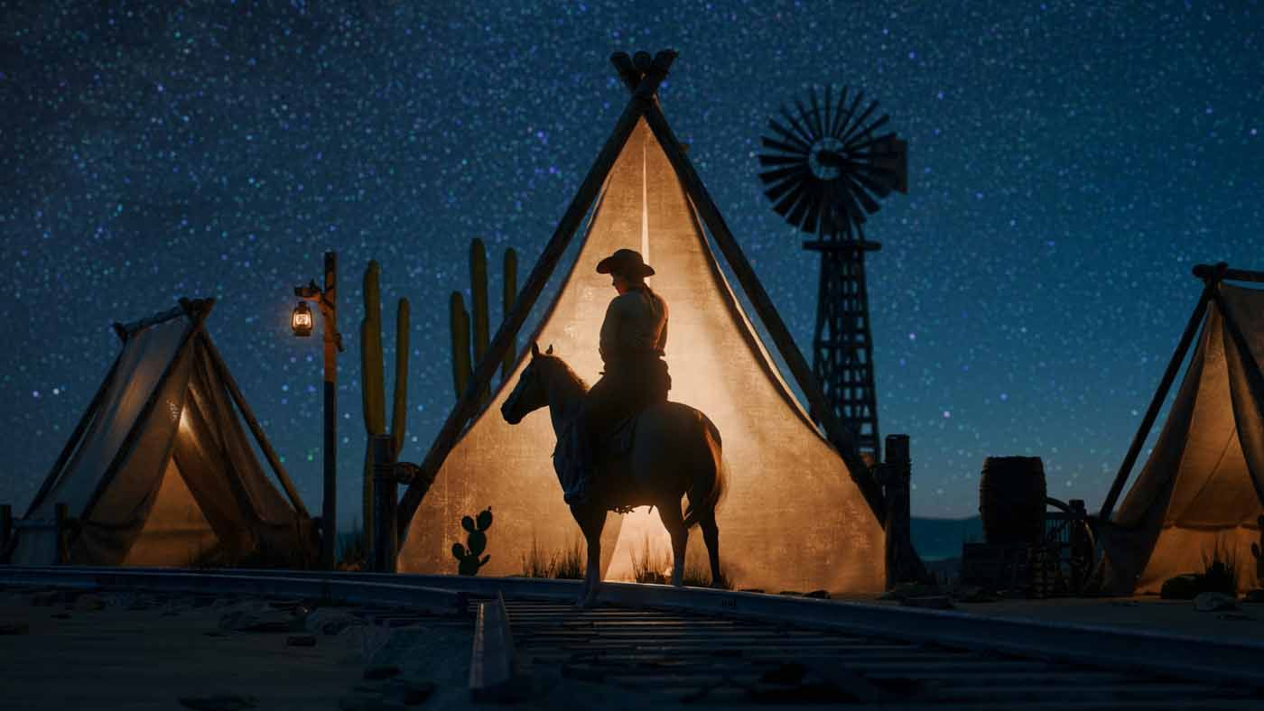 Silhouetted rider on horse before glowing teepees at night, with a windmill in the background