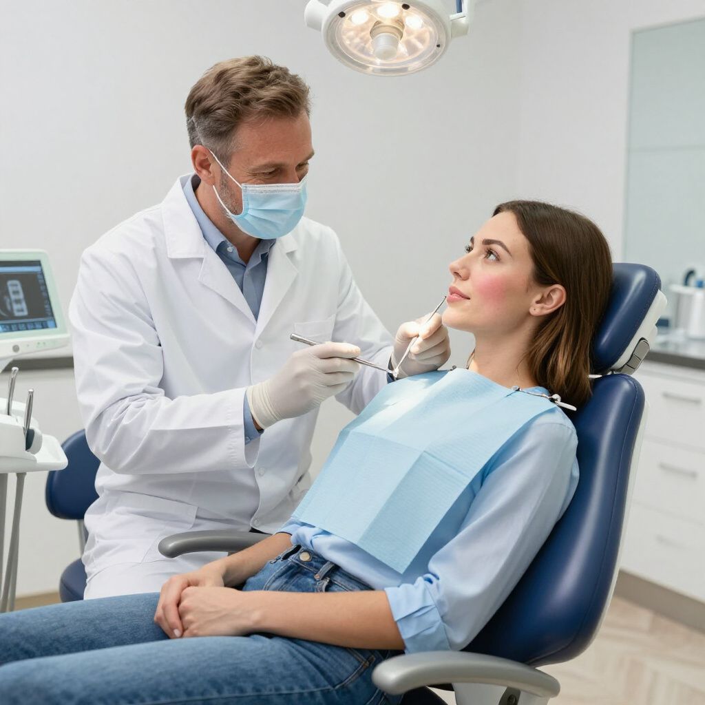 Dentist examining patient's teeth in a dental office. Both are looking at teeth. The patient is sitting in a chair.