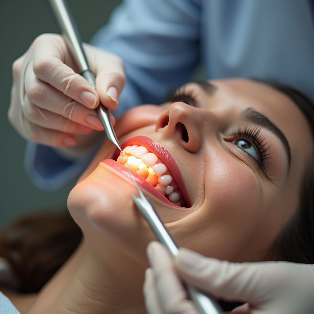 Woman demonstrating areas for cosmetic injections: frown lines, crow's feet, jawline.