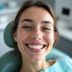 Woman in dental chair smiling, showing white teeth. Blue bib, bright setting.