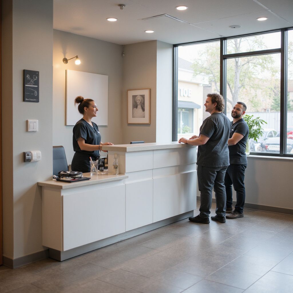 Reception area: Staff interacting at a white desk. Light gray walls, large window, overhead lighting.
