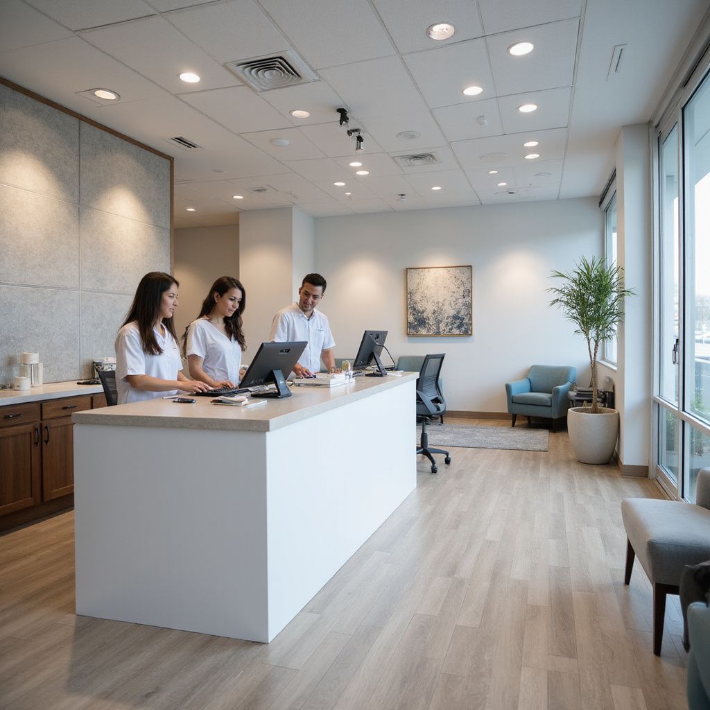 Reception area with three people behind a white counter using computers. Neutral tones, modern design, light wood floors.