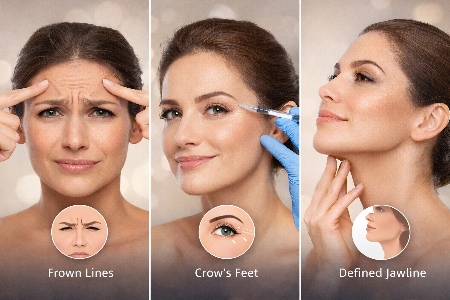 Woman demonstrating facial areas for cosmetic injections: frown lines, crow's feet, defined jawline.