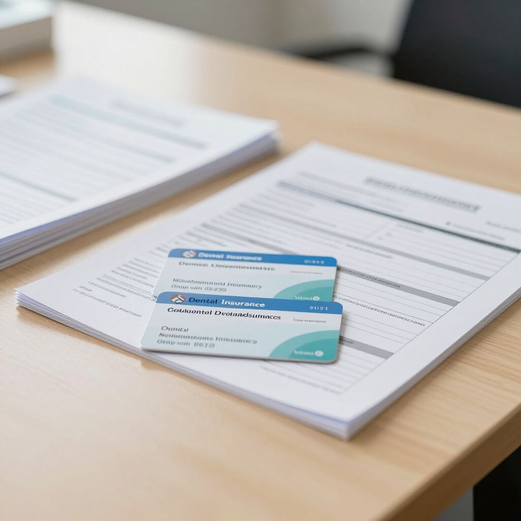 Two health insurance cards rest on top of a form, with other forms stacked nearby on a wooden desk.