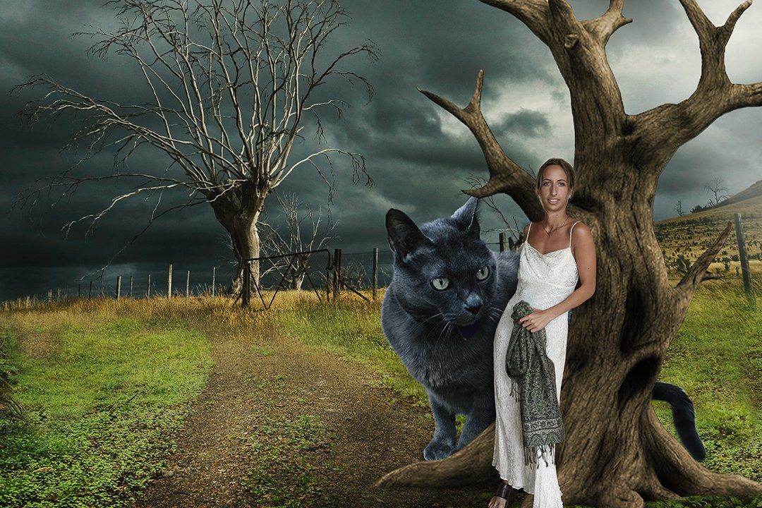 Giant cat and pretty woman standing next to a dead tree,