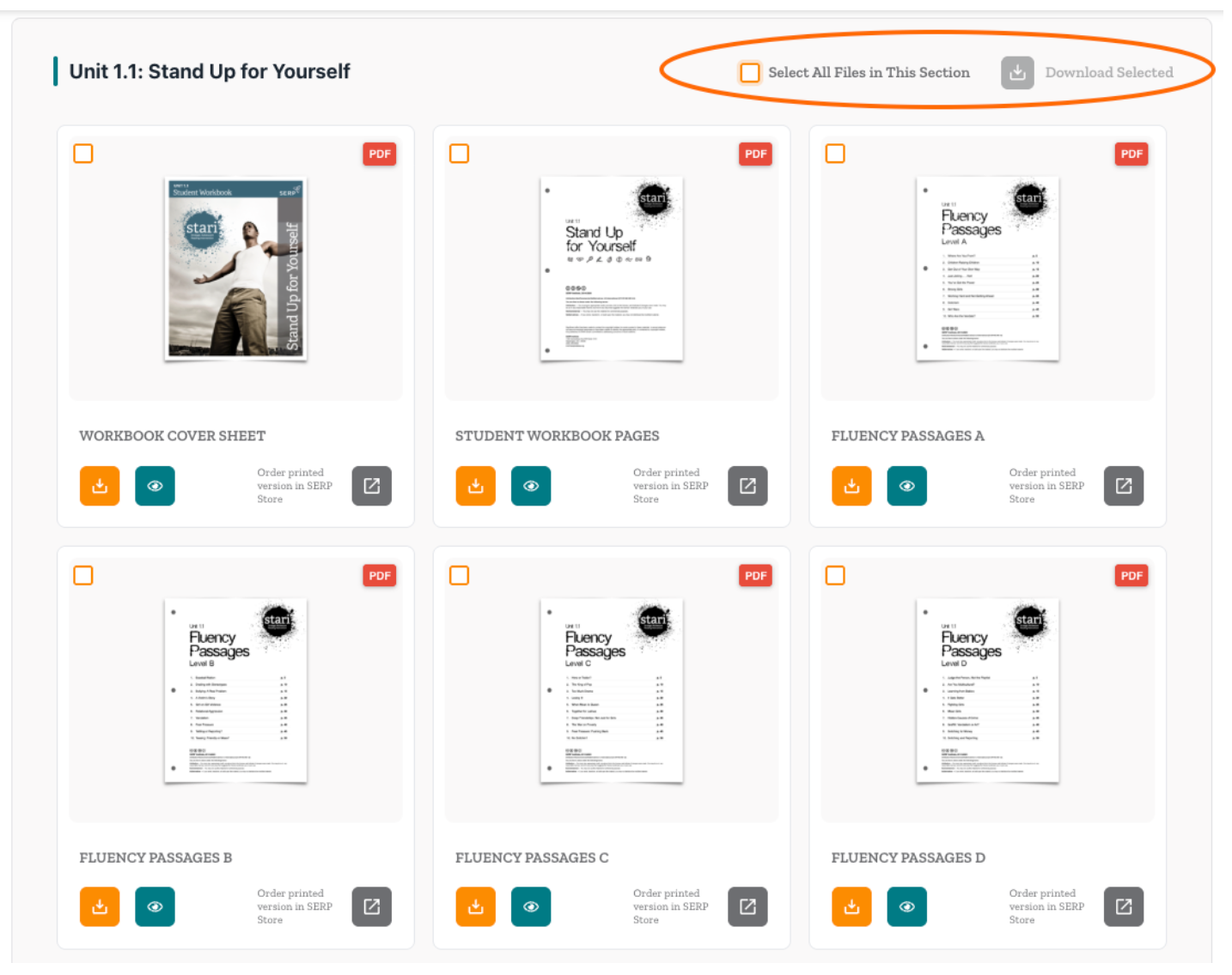 Webpage with a list of downloadable unit resources. 