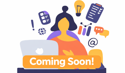 Woman at laptop with floating icons, orange 