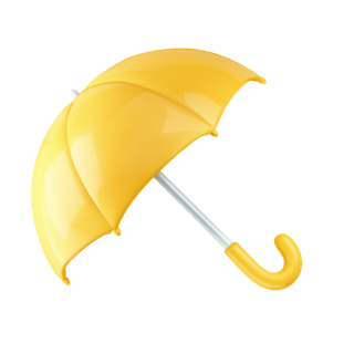 A yellow umbrella with a silver handle on a white background