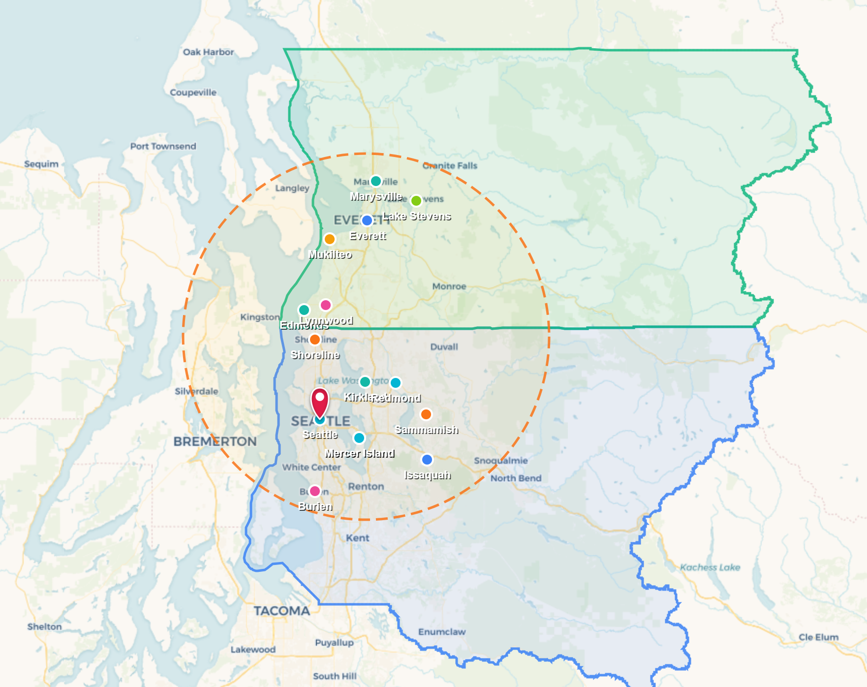 Map with green and blue outlined regions, a red location pin, and a dashed orange radius circle.