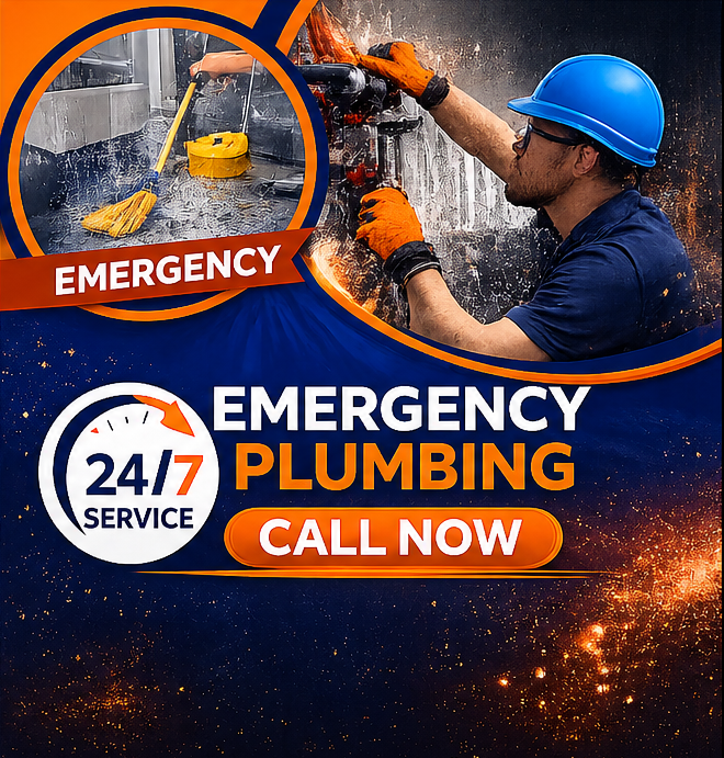 Emergency plumbing ad showing a plumber fixing a pipe with “24/7 Service” and “Call Now” text
