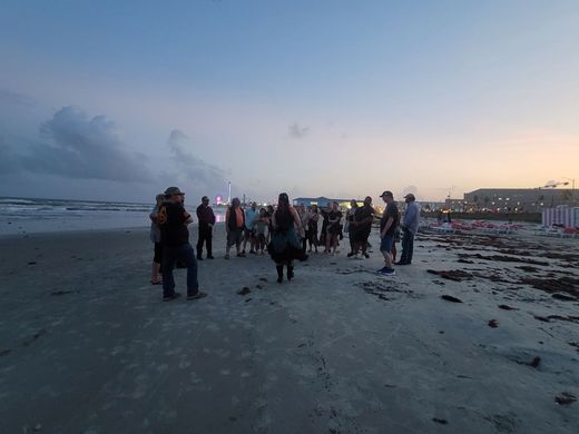 A group of people are standing on a beach at sunset.