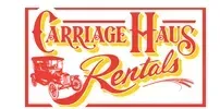 The logo for carriage haus rentals has a red car on it.