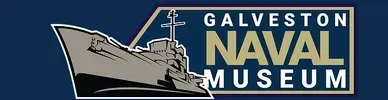 A logo for the galveston naval museum with a ship on it