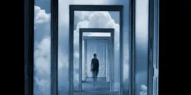 A man is walking through a hallway with clouds in the background.