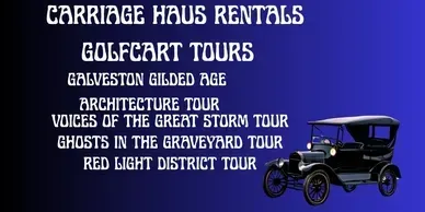 An advertisement for carriage haus rentals golf cart tours