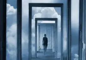 A man is walking through a row of doors in the sky.