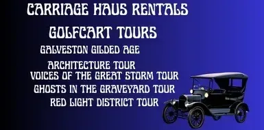 An advertisement for carriage haus rentals golf cart tours