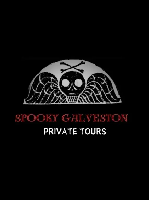 A spooky galveston private tours logo with a skull and crossbones on a black background.