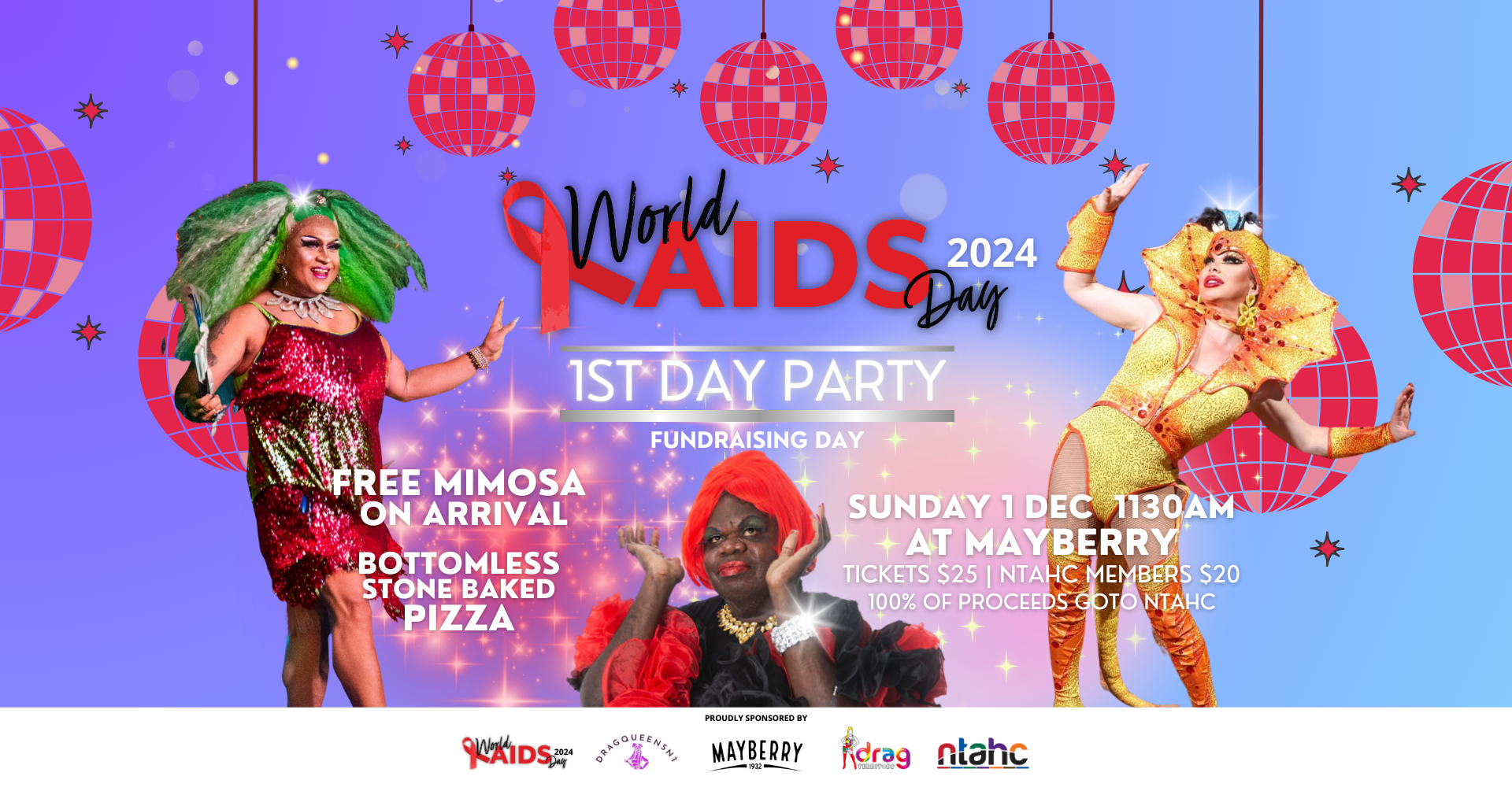 A poster for world aids day breakfast fundraiser with a drag queen in a red dress.