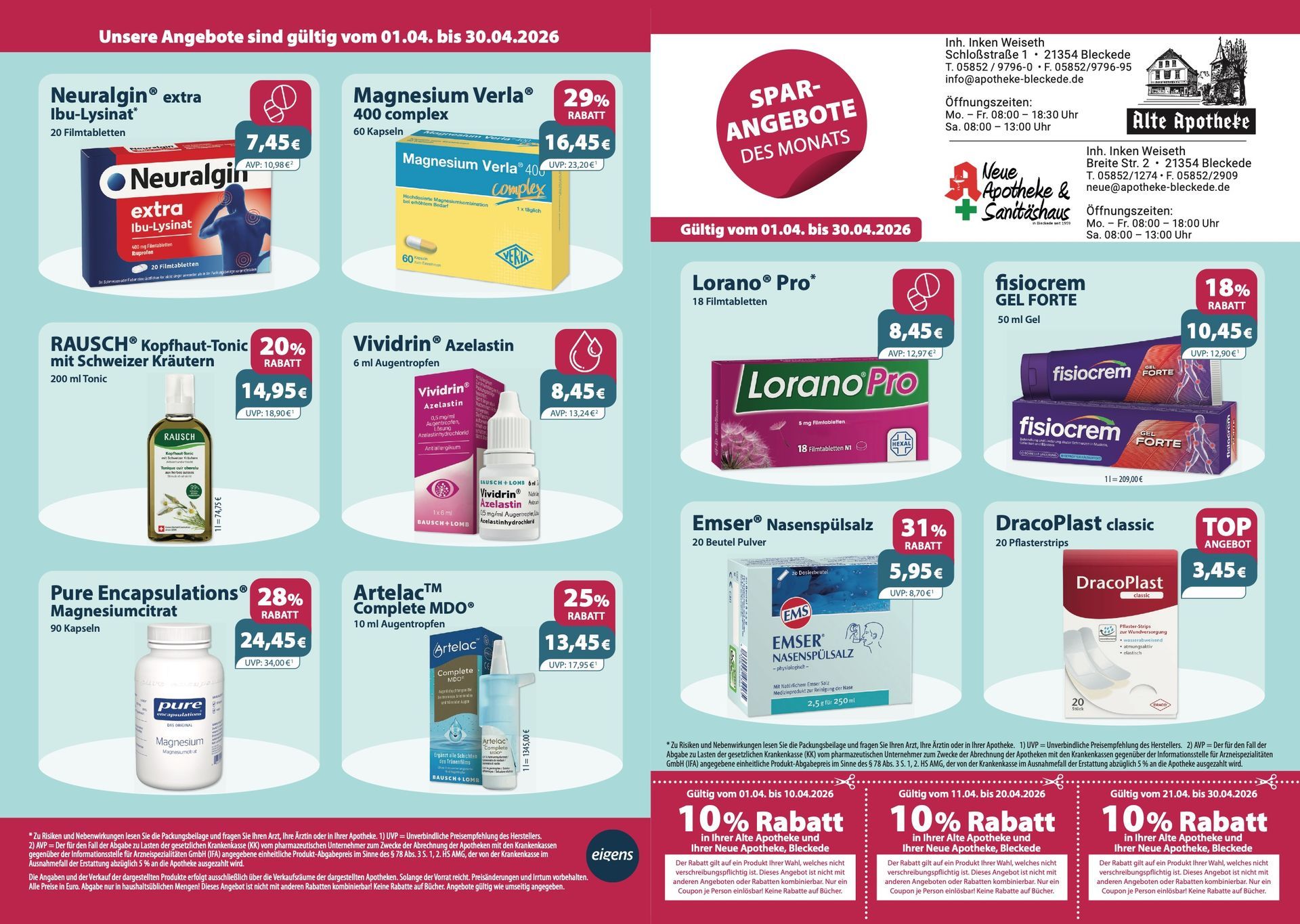 Werbeflyer einer Apotheke mit Angeboten für verschiedene Nahrungsergänzungsmittel und Medikamente zu reduzierten Preisen.