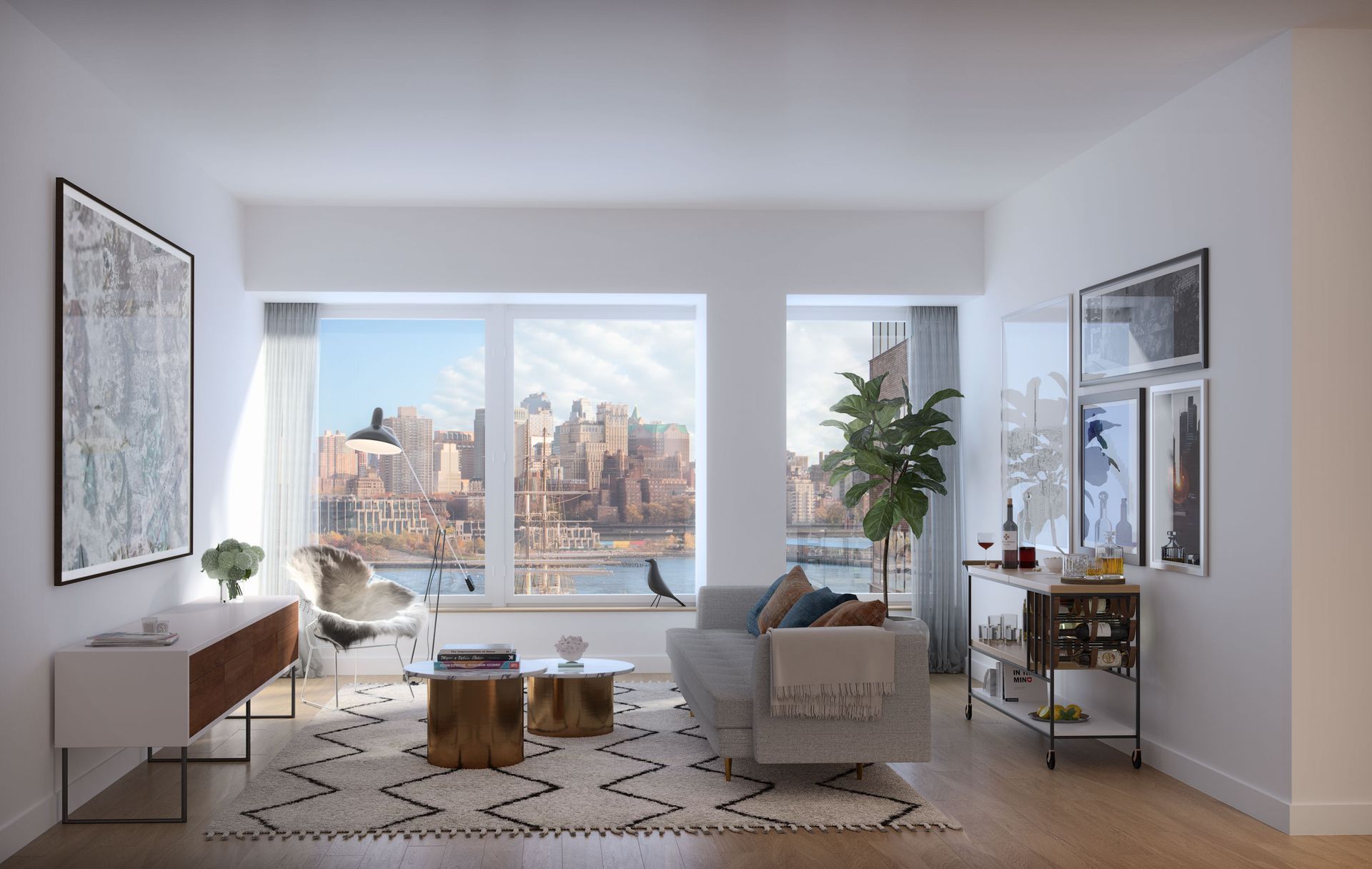 An artist 's impression of a living room with a view of the city